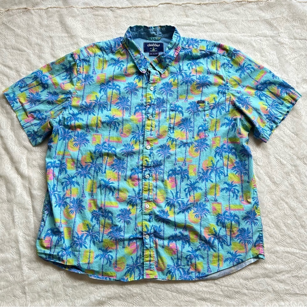 Chubbies  Performance Friday Shirt blue tropical short sleeve Hawaiian palm  XXL